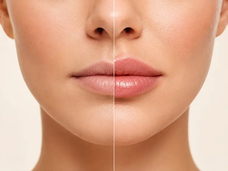 Before and after dermal filler treatment showing enhanced lip volume and definition
