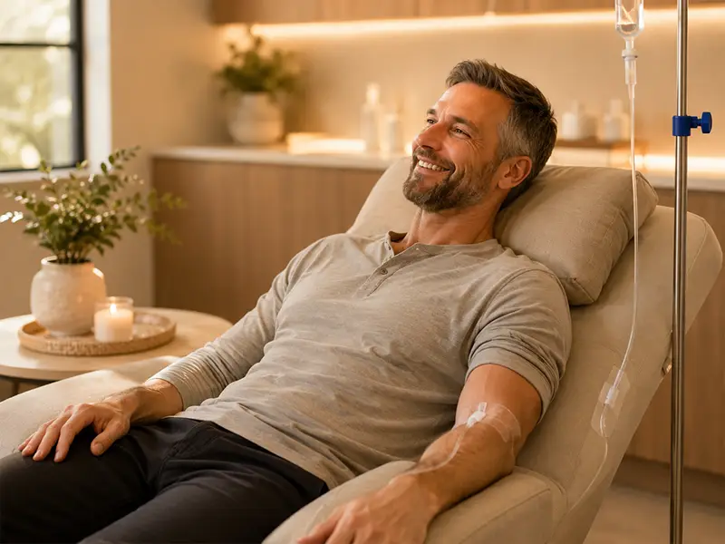 Patient relaxing during IV therapy session